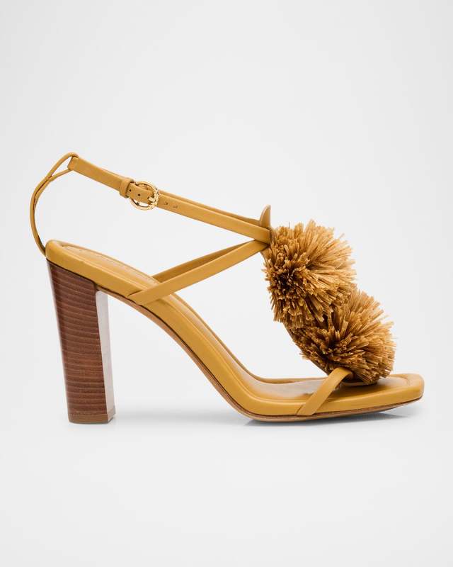 Isolde Leather Pom Pom T-Strap Sandals